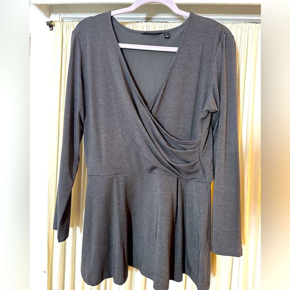 Betabrand Pose Peplum wrap top, Charcoal; Large